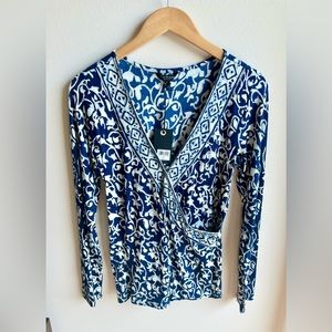 NWT - Lucky Brand Blue Long Sleeve Wrap Top SZ Med - V Neck - Blue Print